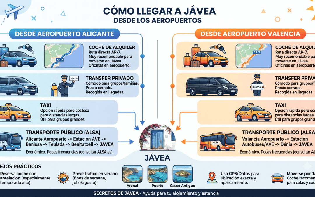 Infografía sobre cómo llegar a Jávea desde los aeropuertos de Alicante y Valencia: coche de alquiler, transfer, taxi y autobús ALSA
